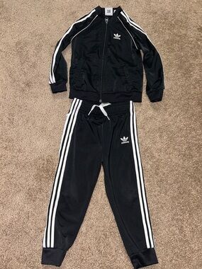 adidas Black & White Three-Stripe Kids Jogger Set